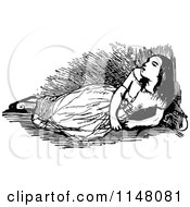 Clipart Of A Retro Vintage Black And White Girl Resting Royalty Free Vector Illustration