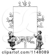 Clipart Of A Retro Vintage Black And White Christmas Tree With Candles And Children Frame Royalty Free Vector Illustration