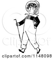 Clipart Of A Retro Vintage Black And White Boy Walking With A Cane Royalty Free Vector Illustration