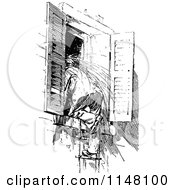 Clipart Of A Retro Vintage Black And White Boy Climbing In A Window Royalty Free Vector Illustration