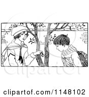 Clipart Of A Retro Vintage Black And White Boy And Girl Under A Tree Royalty Free Vector Illustration