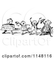 Clipart Of Retro Vintage Black And White Cheering Kids With Long Live The King Text Royalty Free Vector Illustration
