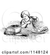 Clipart Of A Retro Vintage Black And White Boy With Bread Pastries And A Pretzel Royalty Free Vector Illustration