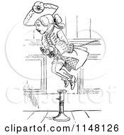 Clipart Of A Retro Vintage Black And White Boy Jumping Over A Candle Stick Royalty Free Vector Illustration