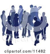 Poster, Art Print Of Blue Group Of Silhouetted People Hanging Out In A Crowd Two Friends Embracing In The Middle