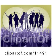 Purple Group Of Silhouetted Women Raising Their Arms And Celebrating On Stage At A Concert