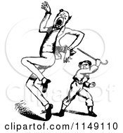 Clipart Of A Retro Vintage Black And White Boy Hitting A Man With A Cane Royalty Free Vector Illustration