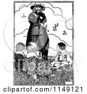 Clipart Of A Retro Vintage Black And White Pirate Looking Down At Boys Royalty Free Vector Illustration