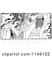 Clipart Of A Retro Vintage Black And White Girl Walking By Another Going Up Steps Royalty Free Vector Illustration