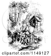 Clipart Of Retro Vintage Black And White Children Sitting Outside Royalty Free Vector Illustration