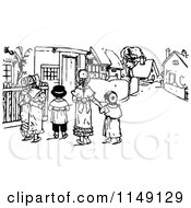 Clipart Of Retro Vintage Black And White Children In A Village Royalty Free Vector Illustration