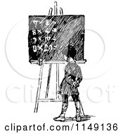 Clipart Of A Retro Vintage Black And White School Boy And Math On A Chalk Board Royalty Free Vector Illustration