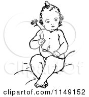 Clipart Of A Retro Vintage Black And White Baby Holding A Flower Royalty Free Vector Illustration