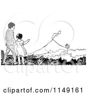 Clipart Of A Retro Vintage Black And White Boy And Girl Watching A Volcano Royalty Free Vector Illustration