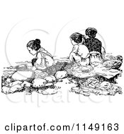Clipart Of A Retro Vintage Black And White Children Having A Picnic Royalty Free Vector Illustration