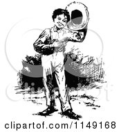 Clipart Of A Retro Vintage Black And White Boy Gentleman Holding His Hat Royalty Free Vector Illustration
