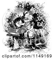 Clipart Of Retro Vintage Black And White Affectionate Sisters On A Bench Royalty Free Vector Illustration