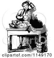 Clipart Of A Retro Vintage Black And White Boy Preparing A Butchered Chicken Royalty Free Vector Illustration
