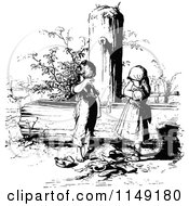 Retro Vintage Black And White Sad Children With A Broken Pot At A Water Pump