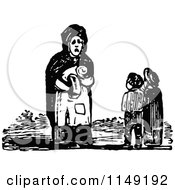 Clipart Of A Retro Vintage Black And White Woman Talking To Two Children Royalty Free Vector Illustration