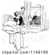 Clipart Of A Retro Vintage Black And White Sick Boy Watching A Parade From Bed Royalty Free Vector Illustration