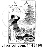 Clipart Of A Retro Vintage Black And White Girl Watching A Ship Royalty Free Vector Illustration