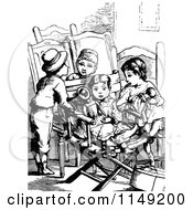 Clipart Of A Retro Vintage Black And White Group Of Children Playing On A Chair Royalty Free Vector Illustration