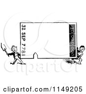 Clipart Of Retro Vintage Black And White Boys Holding A Giant Ticket Royalty Free Vector Illustration