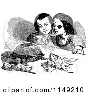 Poster, Art Print Of Retro Vintage Black And White Children Observing A Tortoise