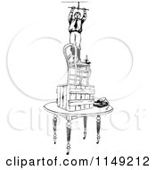 Clipart Of A Retro Vintage Black And White Boy On A Pile Of Furniture Fixing A Light Fixture Royalty Free Vector Illustration