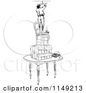 Poster, Art Print Of Retro Vintage Black And White Boy On A Pile Of Furniture Fixing A Light Fixture 2