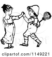 Clipart Of A Retro Vintage Black And White Boy And Girl Holding Hands Royalty Free Vector Illustration