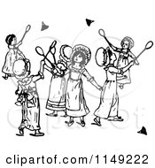 Clipart Of Retro Vintage Black And White Girls Playing Badminton Royalty Free Vector Illustration