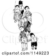 Clipart Of A Retro Vintage Black And White Boys Walking Royalty Free Vector Illustration