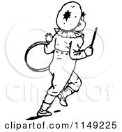 Clipart Of A Retro Vintage Black And White Boy Running With A Hoop Royalty Free Vector Illustration
