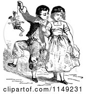 Clipart Of A Retro Vintage Black And White Girl And Boy With A Puppet Royalty Free Vector Illustration