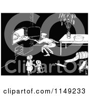 Clipart Of Retro Vintage Black And White Children Watching A Baker Put Bread In An Oven Royalty Free Vector Illustration