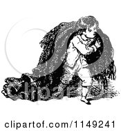 Clipart Of A Retro Vintage Black And White Boy Carrying A Big Blanket Royalty Free Vector Illustration