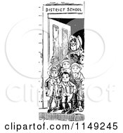 Clipart Of A Retro Vintage Black And White Teacher And Children In A School Door Royalty Free Vector Illustration
