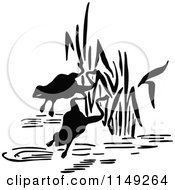 Clipart Of Retro Vintage Black And White Frogs Jumping Into Water Royalty Free Vector Illustration