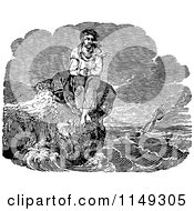 Clipart Of A Retro Vintage Black And White Shipwrecked Man Royalty Free Vector Illustration