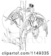 Clipart Of A Retro Vintage Black And White Birds In A Tree Royalty Free Vector Illustration