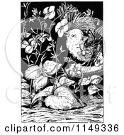 Clipart Of A Retro Vintage Black And White Bird In Flowers Royalty Free Vector Illustration