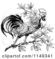 Clipart Of A Retro Vintage Black And White Crowing Rooster In A Tree Royalty Free Vector Illustration
