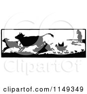 Poster, Art Print Of Retro Vintage Black And White Lady And Running Farm Animals