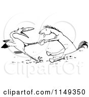 Clipart Of A Retro Vintage Black And White Donkey And Stork Fighting Royalty Free Vector Illustration
