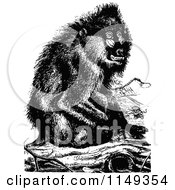 Clipart Of A Retro Vintage Black And White Baboon Monkey Sitting On A Log Royalty Free Vector Illustration