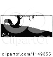 Clipart Of A Retro Vintage Black And White Silhouetted Sheep Grazing By A Tree Royalty Free Vector Illustration