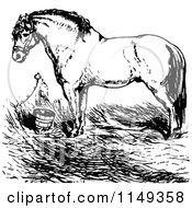 Clipart Of A Retro Vintage Black And White Horse In A Stall Royalty Free Vector Illustration
