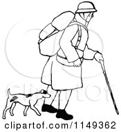 Clipart Of A Retro Vintage Black And White Man Trekking With A Dog Royalty Free Vector Illustration